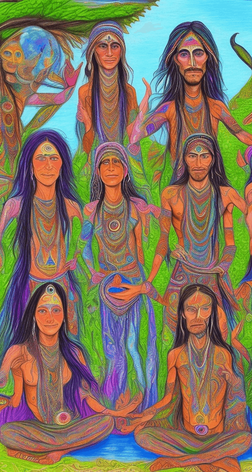 AI generated:  Psychedelic shamanic group of people near lake in Georgia. Man and beautifil spiritual 
women. They...
