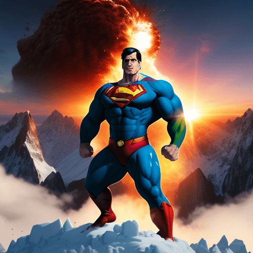 AI generated: Superman/Hulk/gorilla/sunset/explosion/on top of a snowy mountain