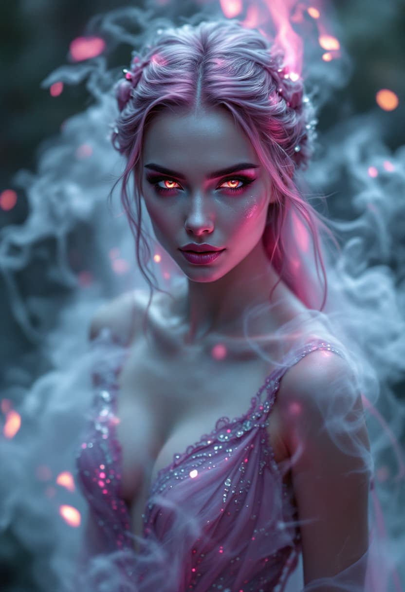 AI generated: In the center of the frame stands a sultry divine element, her skin aglow with ethereal light, her e...