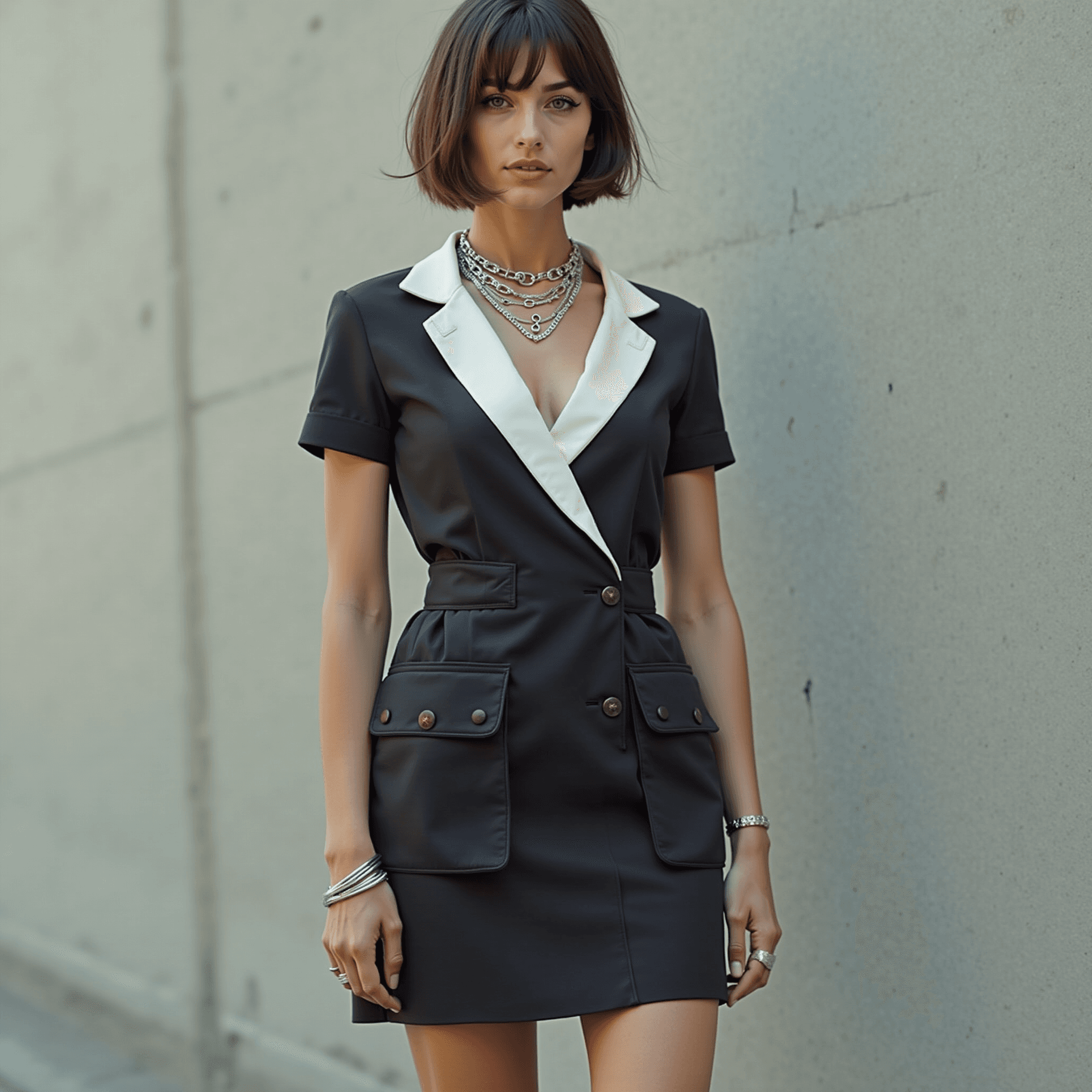 AI generated: A cinematic, realistic fashion portrait of a woman wearing a modern reinterpretation of 1960s mod fa...