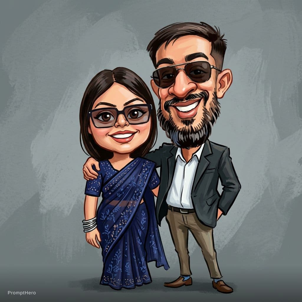 AI generated: funny caricature, adult man and woman (input Image), mid-30's, big cartoonish head, exaggerated cari...