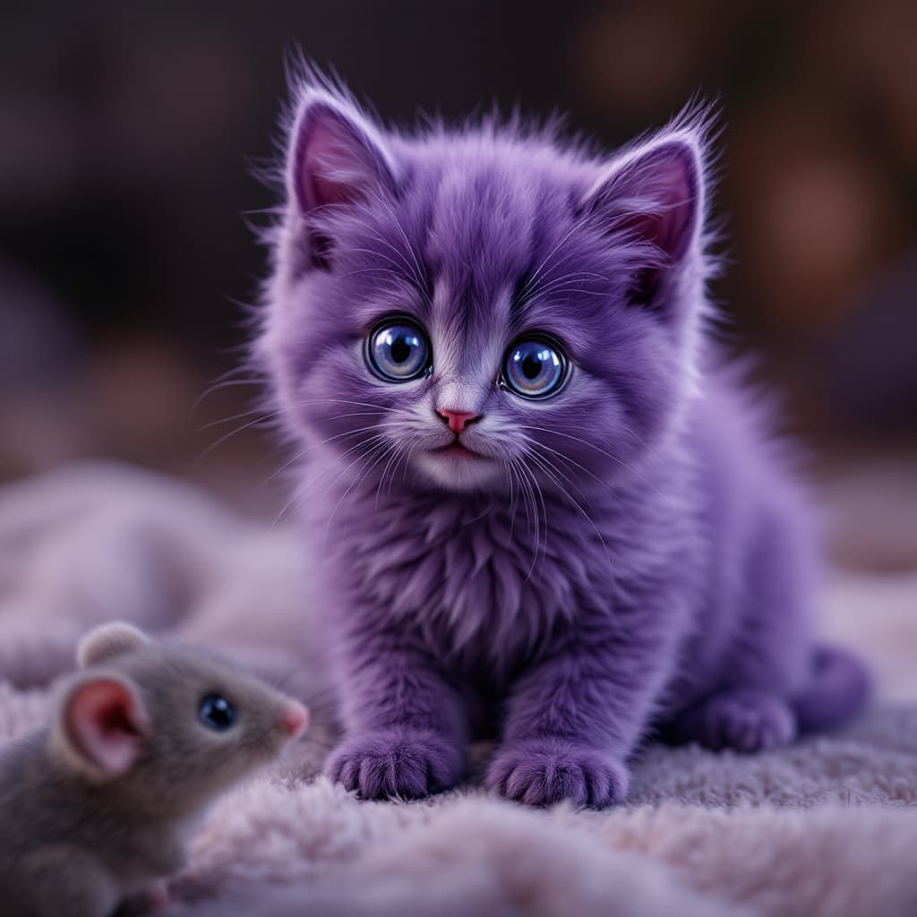 AI generated: Very cute fluffy purple kitten with purple fur, purple eyes like diamonds, large eyes, cute pointed ...