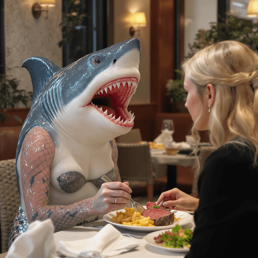 AI generated: Mermaid with a Shark face with Wide open mouth that talk with a blonde woman at the restaurant. The ...