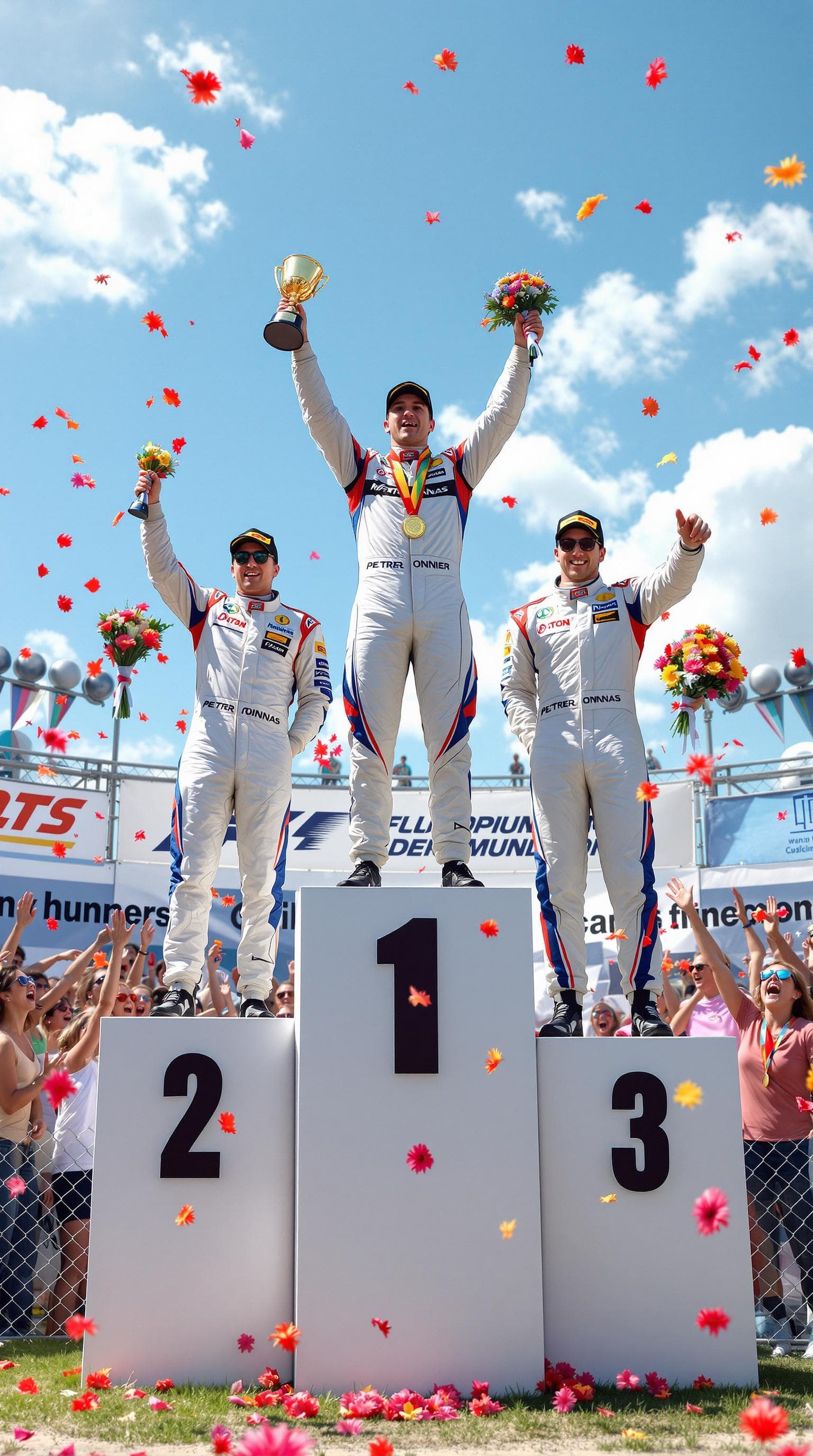 AI generated: Summer.      There are 3 racing drivers standing on the Pedestal. The winner stands at the highest l...