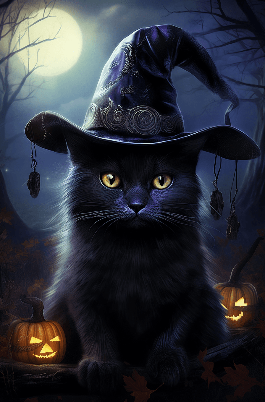 AI generated: Purple black cat with blue eyes in a witch hat and a witch's cap, in the style of hyper - realistic ...