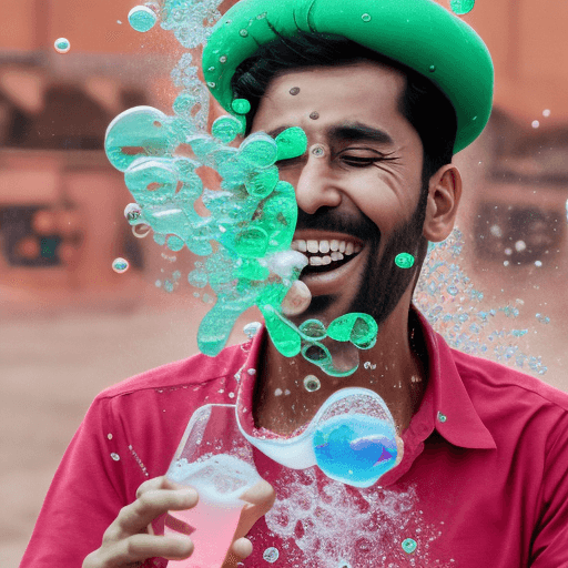 AI generated: a yong man Pakistani Famous softdrinking pakola, laughing, surrounded by  colorful water bubbles