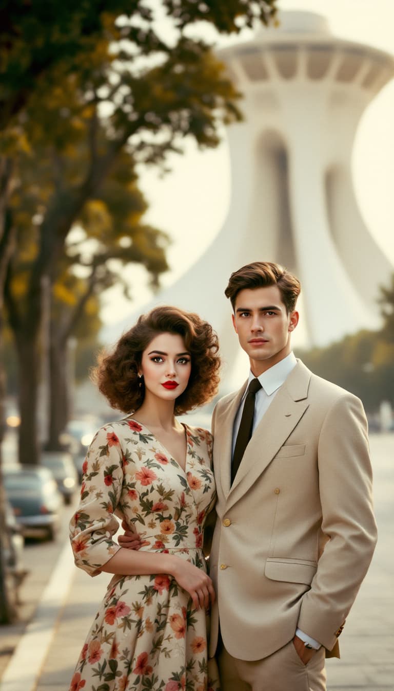 AI generated: The young couple from the 1950s stands in the heart of Tehran, with the iconic Azadi Square (formerl...