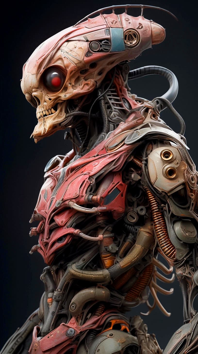 AI generated: Alien-cyborg hybrid, exoskeleton, bones and metal, plain background, hyperrealism, photorealistic, 8...