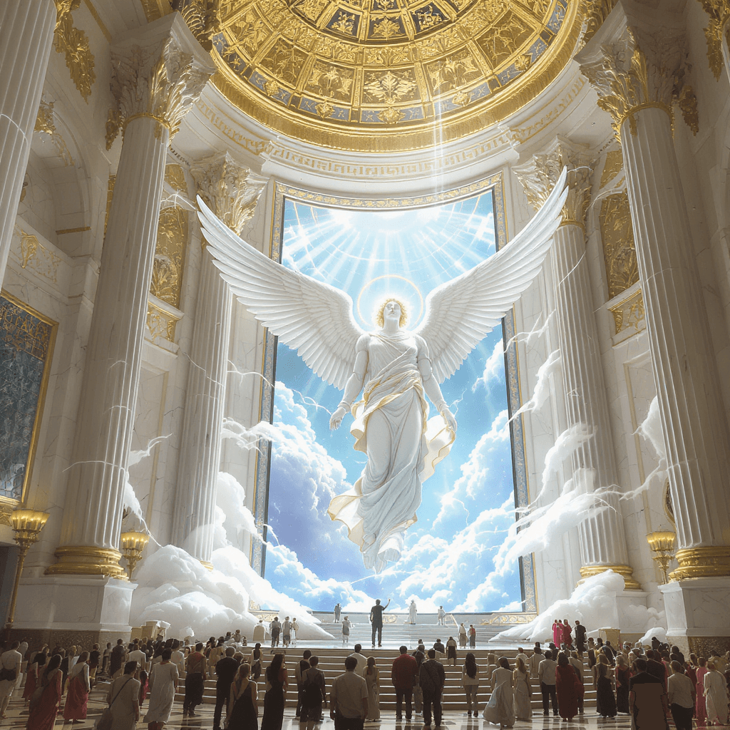 AI generated: massive celstal hal made of white marble with golden crak high in the clouds to represent th entance...