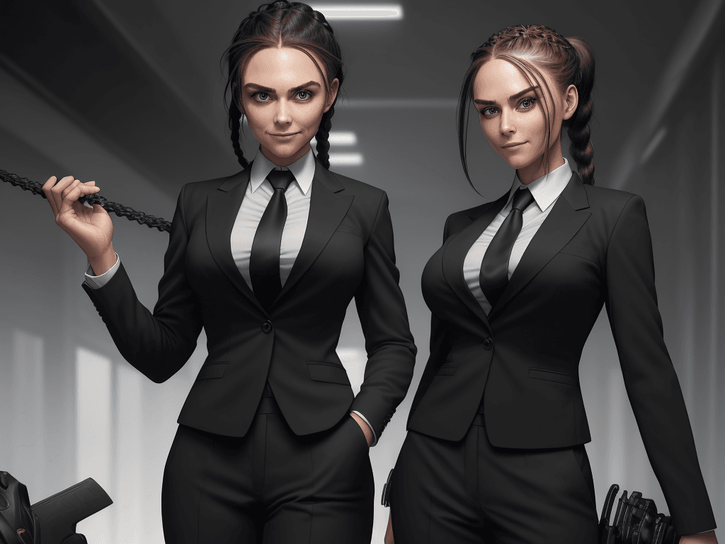 AI generated: ((masterpiece)), ((best quality)), black_footwear, black_necktie, black_pants, braid, braided_ponyta...