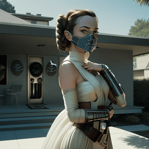 AI generated: Hyper realistic eye level exterior photo of a mid century modern style house arafed woman with a sta...