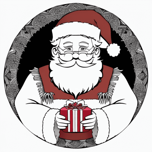 AI generated: Mandala coloring page, santa claus with christmas gifts, black lines white background, coloring page...