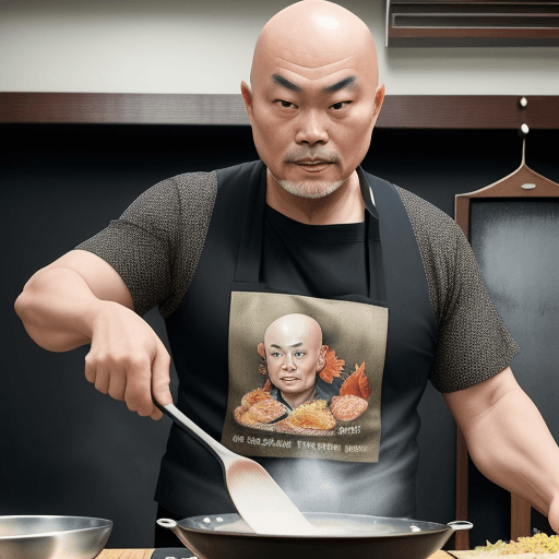AI generated: Bald 50th-aged Asian man He has a short beard, turns to the 45 degree side, wears a black fedora hat...