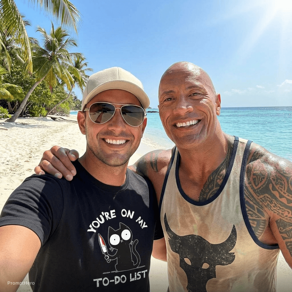 AI generated: with Dwayne Johnson at a tropical beach, sunny day, both smiling