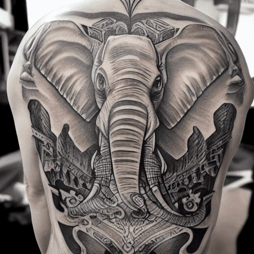 AI generated: Tattoo, armor, full back, elephant