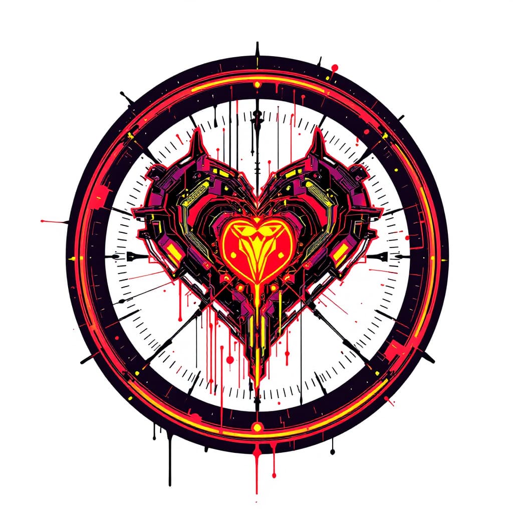 AI generated: A cyber punk unique heart emblem in a circle on a white  background