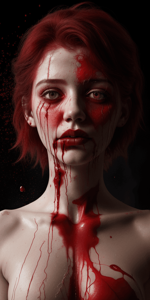 AI generated: A half body portrait of a battered and wounded red rose made of blood, half body is submerged in blo...