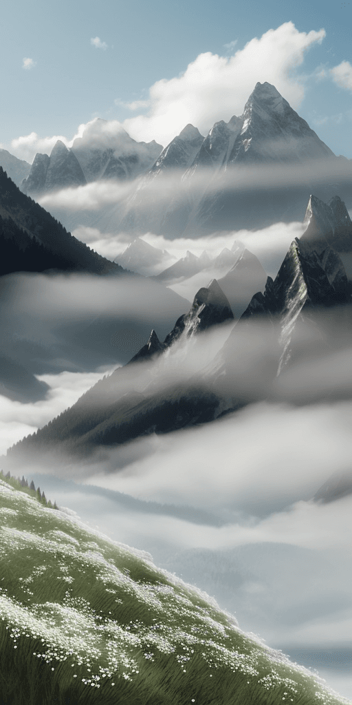 AI generated: Mountains with fog and small white flowers, graphic