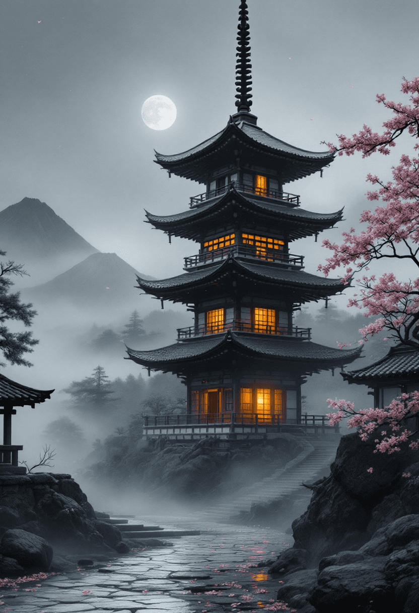 AI generated: A tall, full traditional Japanese pagoda tower, off-center right, rising from cracked ceramic tiles....