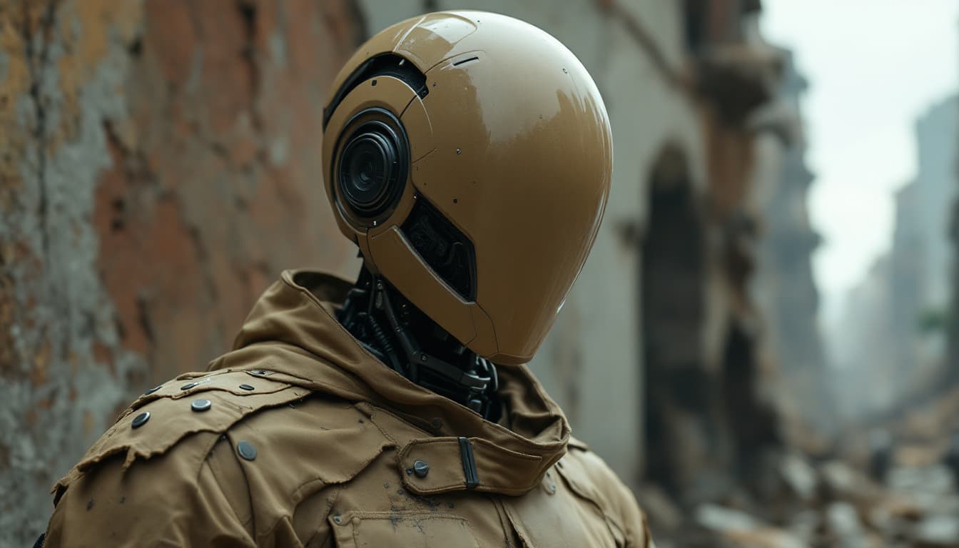 AI generated: In an apocalyptic and devastated urban setting, a medium shot of a humanoid robot standing in front ...