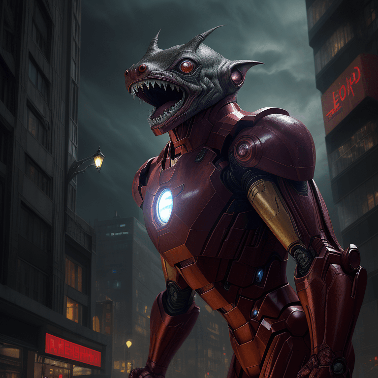AI generated: haunting alien creature that looks like a monstrous giant shrew with many fangs, with iron man costu...