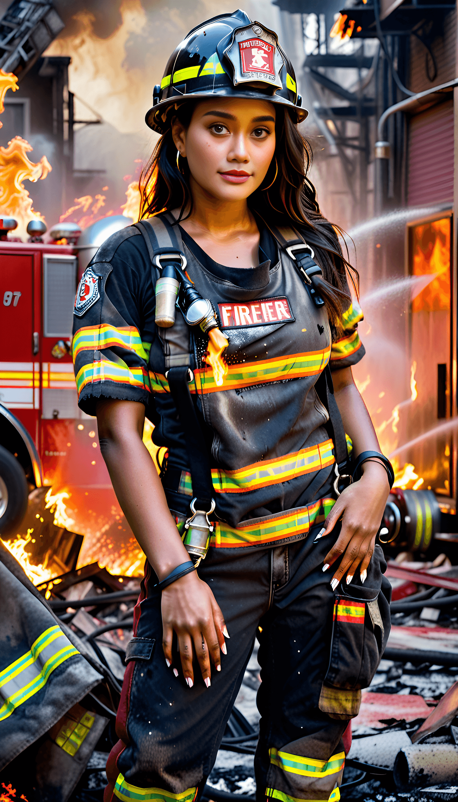 AI generated: a fierce and confident female firefighter standing amidst a dramatic urban scene of smoldering rubbl...