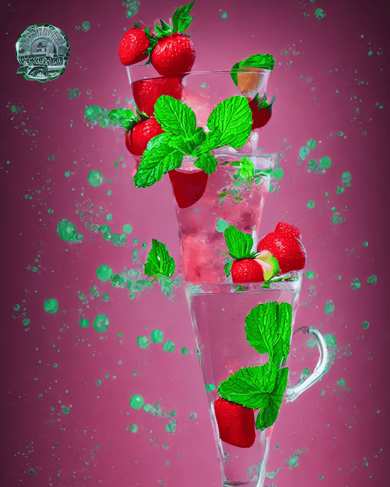 AI generated: High resolution Disney stylization glass with strawberries and mojito, pink render, a lot of light, ...