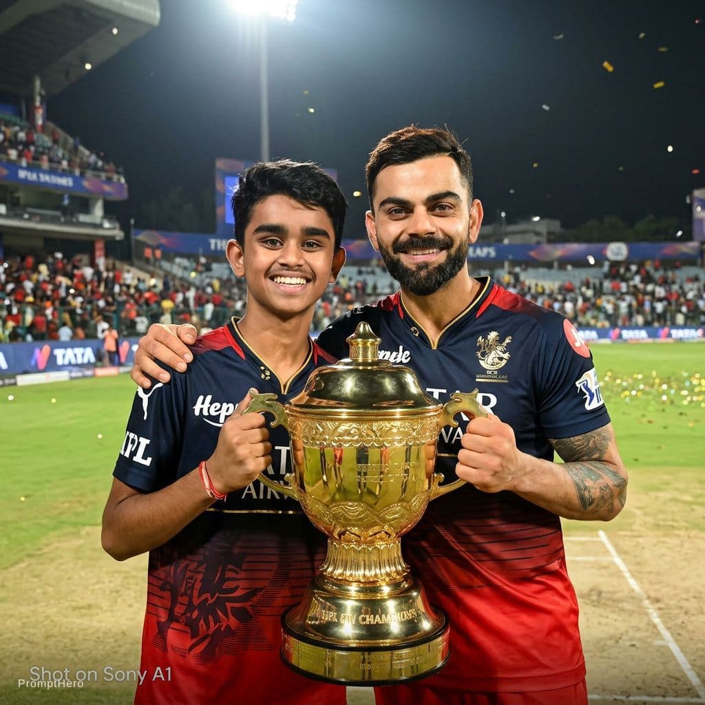 AI generated: Combine these two photos and make me to stand beside virat kohli with the ipl cup. Make virat giving...