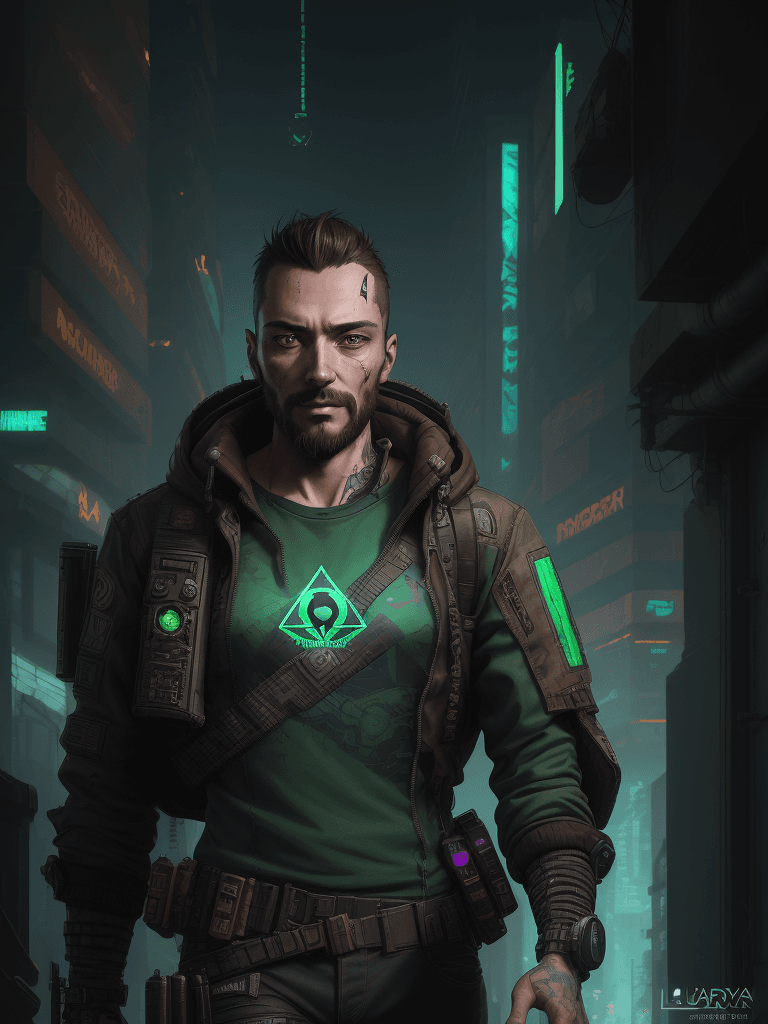 AI generated: an argentian 34 year old man with a short beard, green and brown eyes,  cyberpunk art, inspired by M...