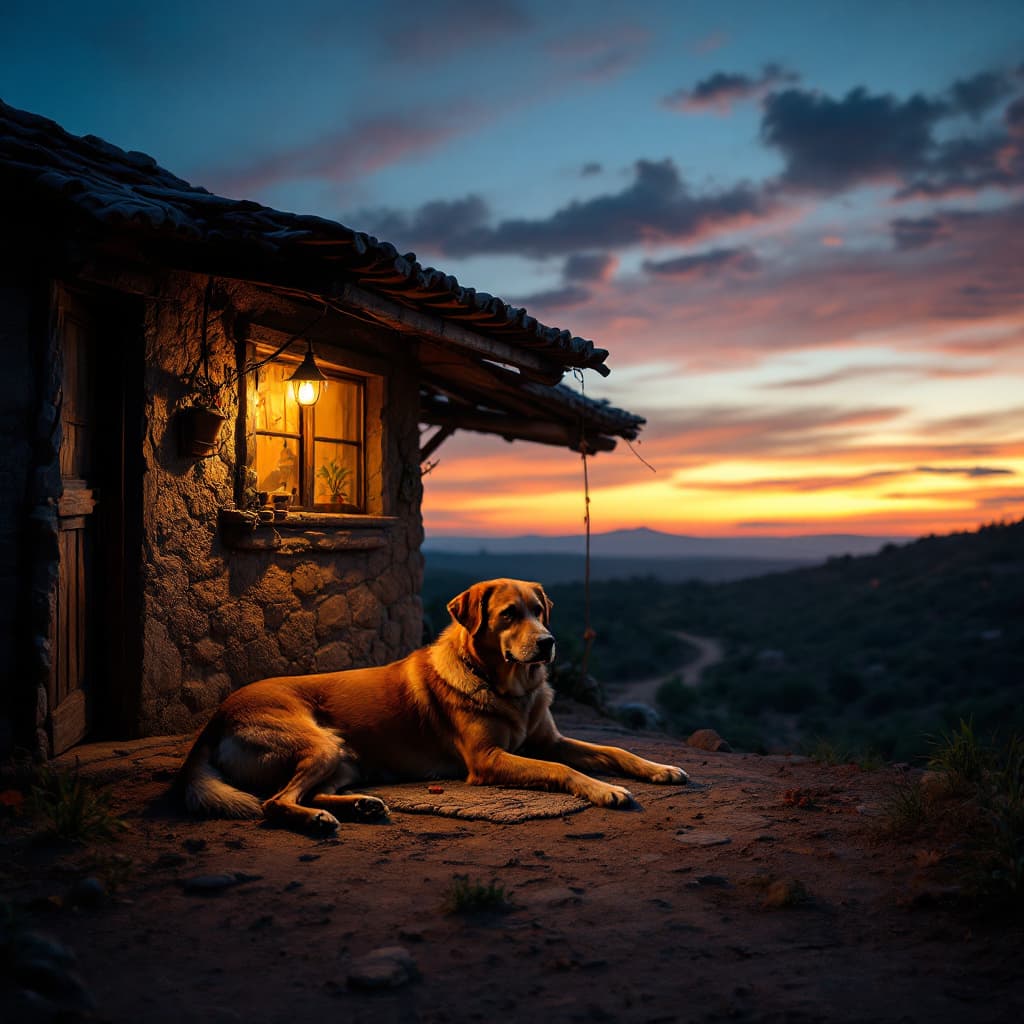 AI generated: a dog laying by outside African kitchen during twilight
