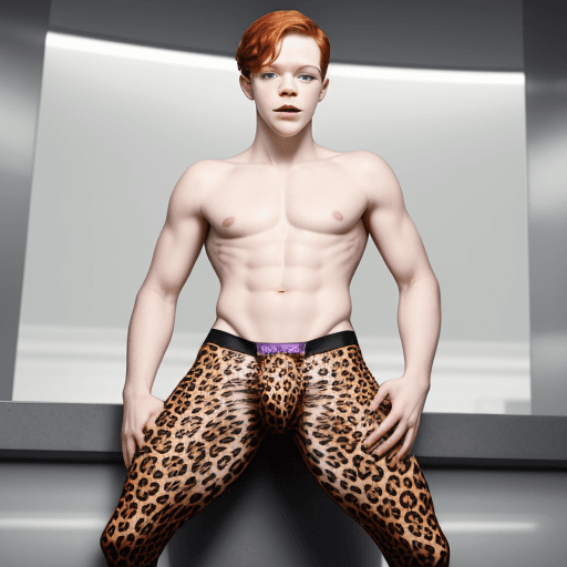 AI generated: cameron monaghan in a leopard thong, big bulge, full shot