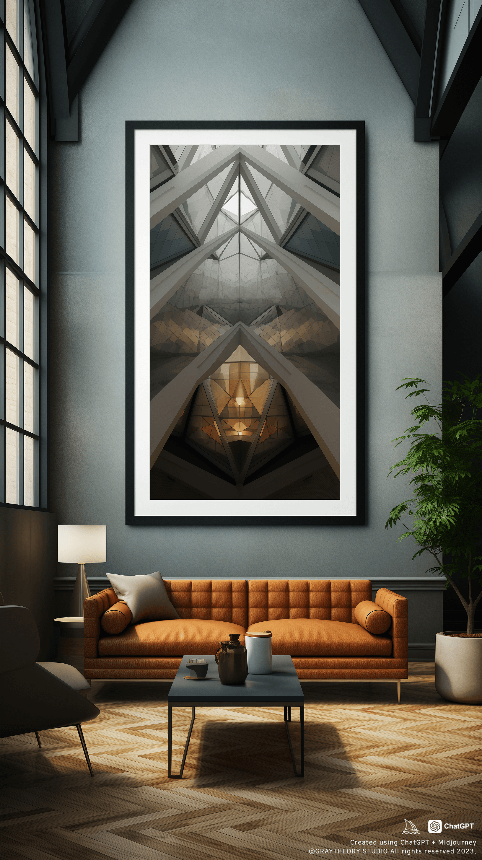 AI generated: eye level, photo, bar, minimalistic interior, abstract large art frame, office snapshot, frame magaz...