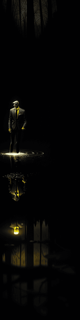 AI generated: A man in a suit, holding an broken BROKEN BROKEN bad kerosene lamp in his hand, searching for his wa...