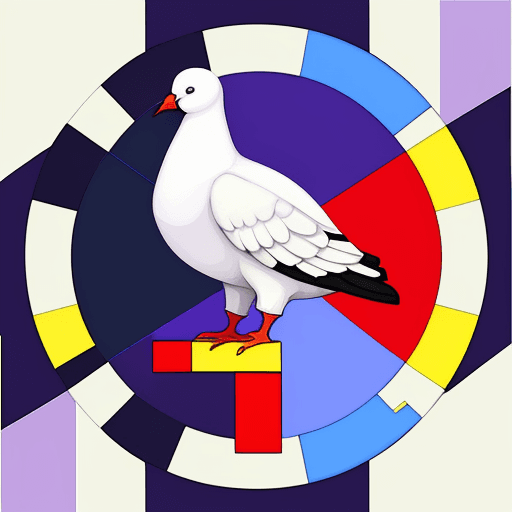 AI generated: style a white Peace Pigeon and create a Mondrian style geometric background in red, blue, yellow, bl...