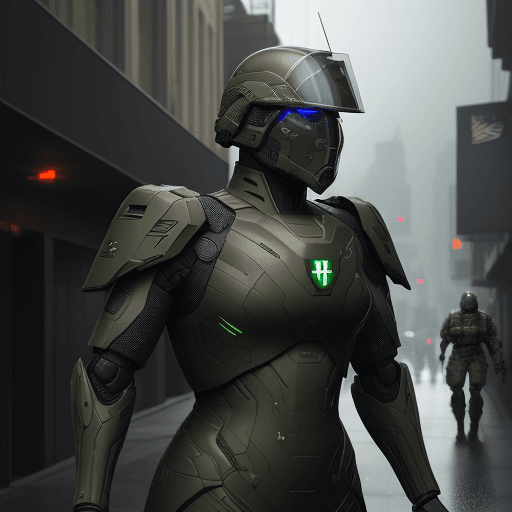 AI generated: Futuristic soldier with advanced armor, weaponry, and helmet, dark army green, street, overcast, ref...