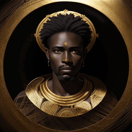 AI generated: A portrait of an African man, painted in black and gold tones on dark background, surrounded by circ...