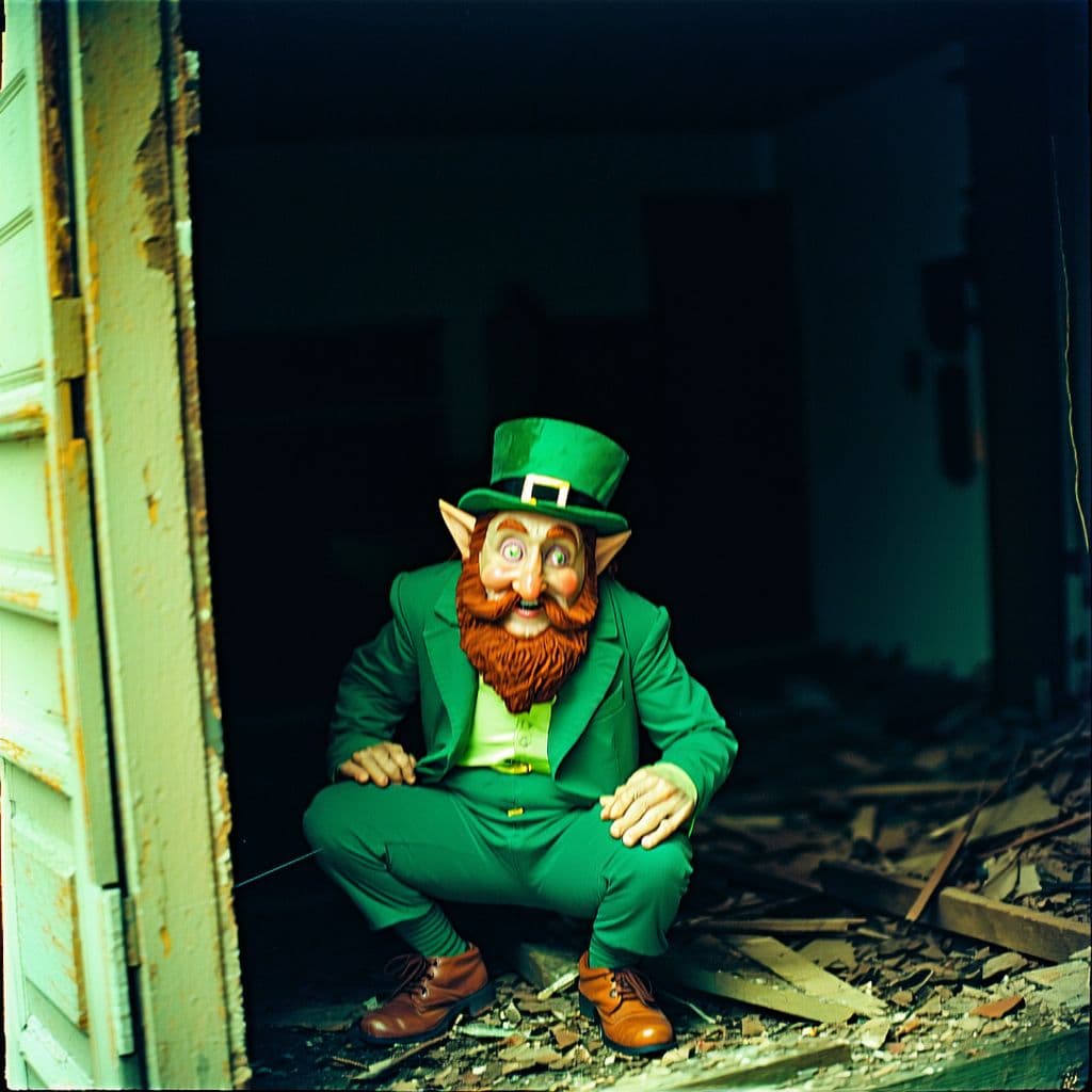 AI generated: grainy 80's photograph quality of a leprechaun caught in an abandoned house