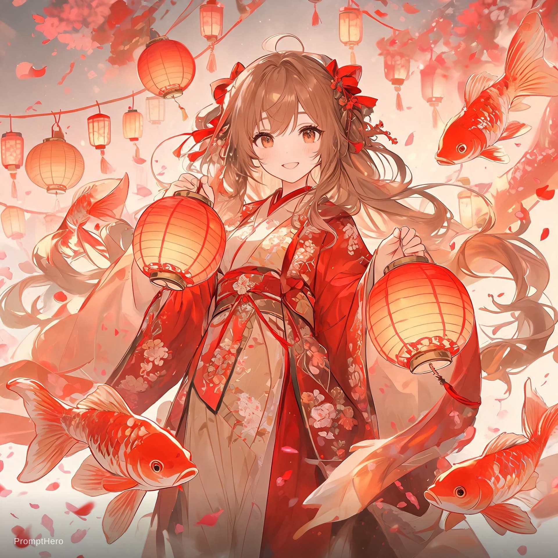 AI generated: a young lady with lanterns and koi fish, in the style of dynamic anime, light brown and red, festive...