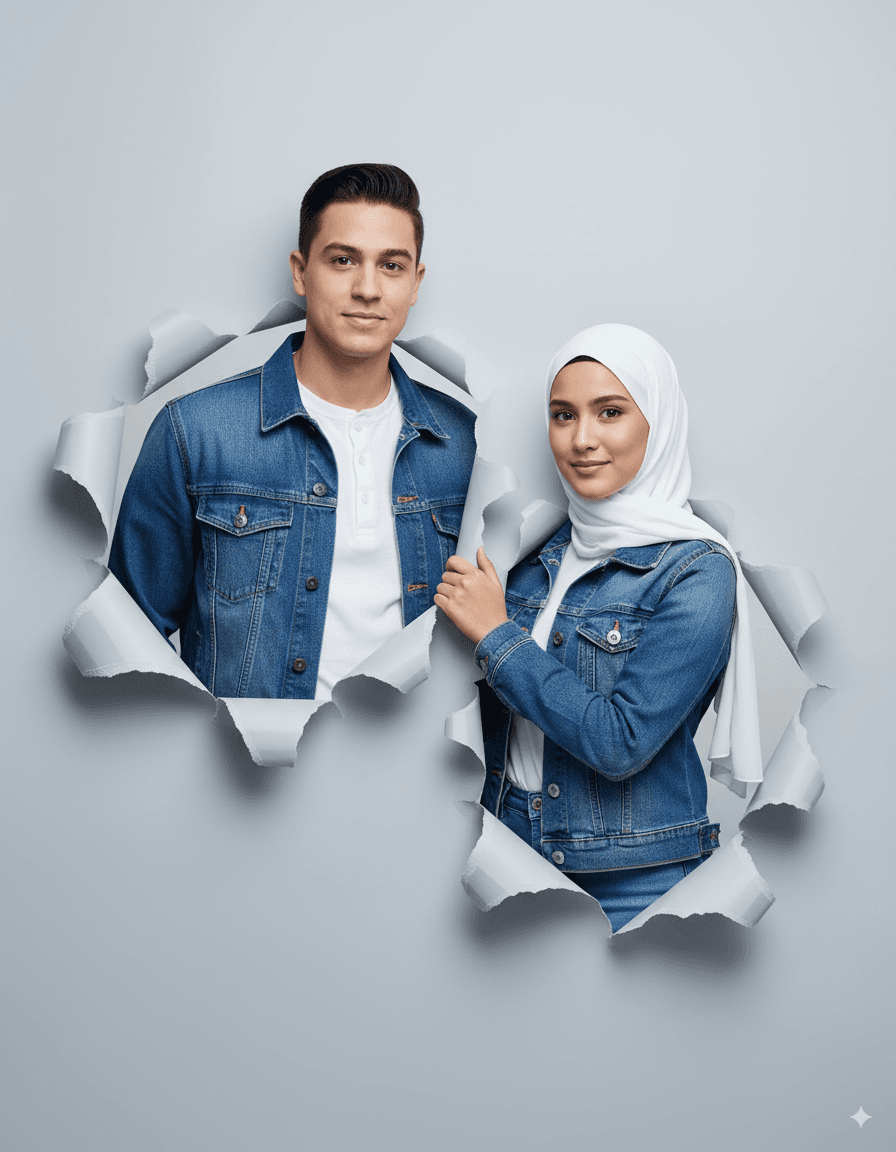 AI generated: Two Moroccan couple portraits, half-body view, emerging from realistic torn paper holes on a light g...