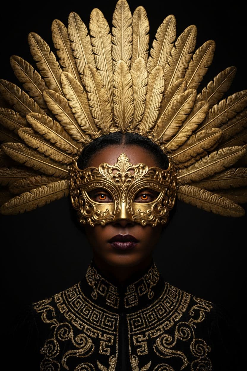 AI generated: A woman in an elaborate golden mask and feather headdress stands in front of a black background. The...