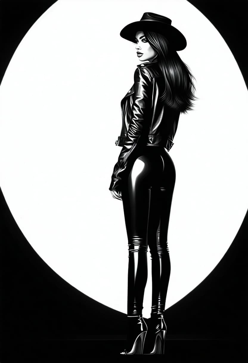 AI generated: black and white photography, fashion editorial, a woman in a leather jacket, black hat and leggins o...