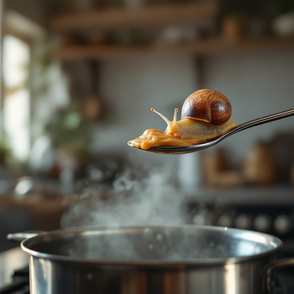 AI generated: A snail coming out of its shell, enticed by peanut butter on a spoon, located above a pan with boili...