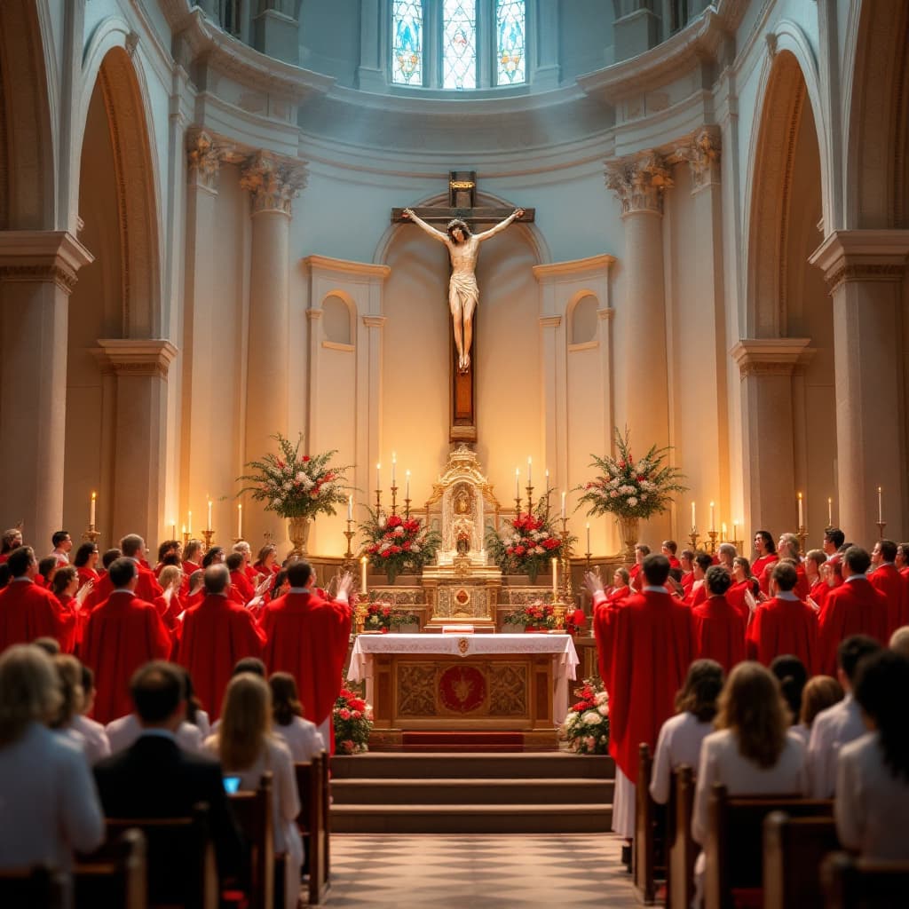 AI generated: A vibrant religious celebration inside a historic Catholic church, priests in bright red liturgical ...