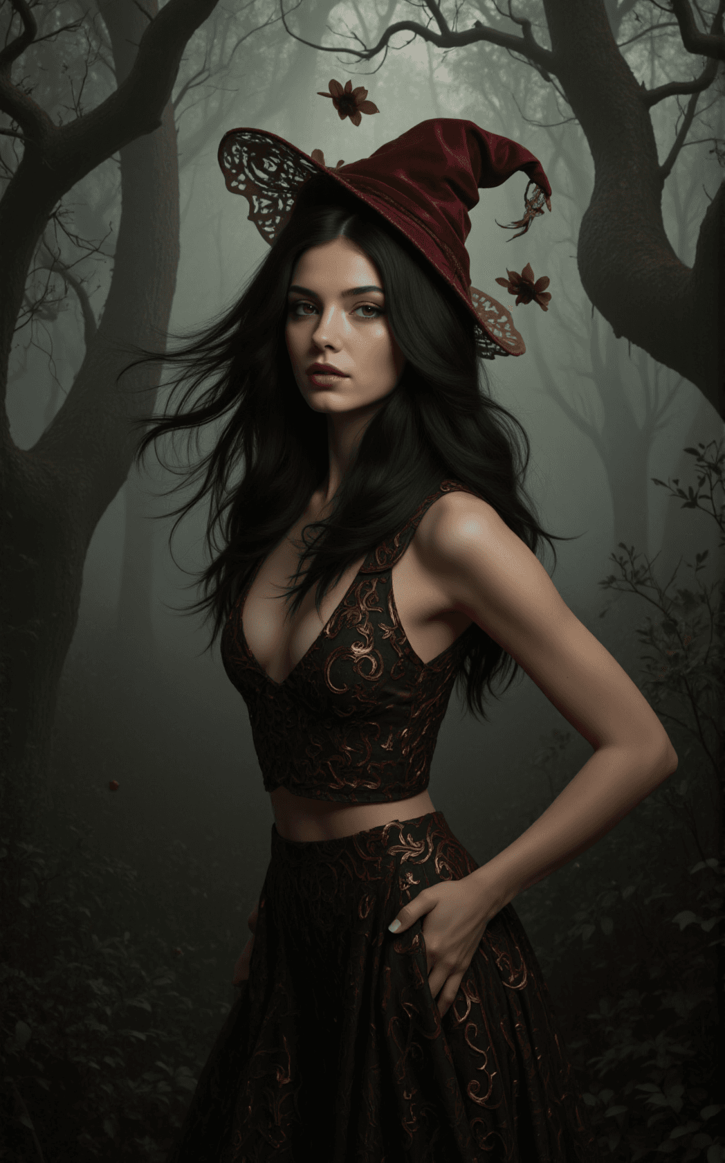 AI generated: A surreal, photorealistic portrait depicts a striking witch standing in a dreamlike forest. She has ...