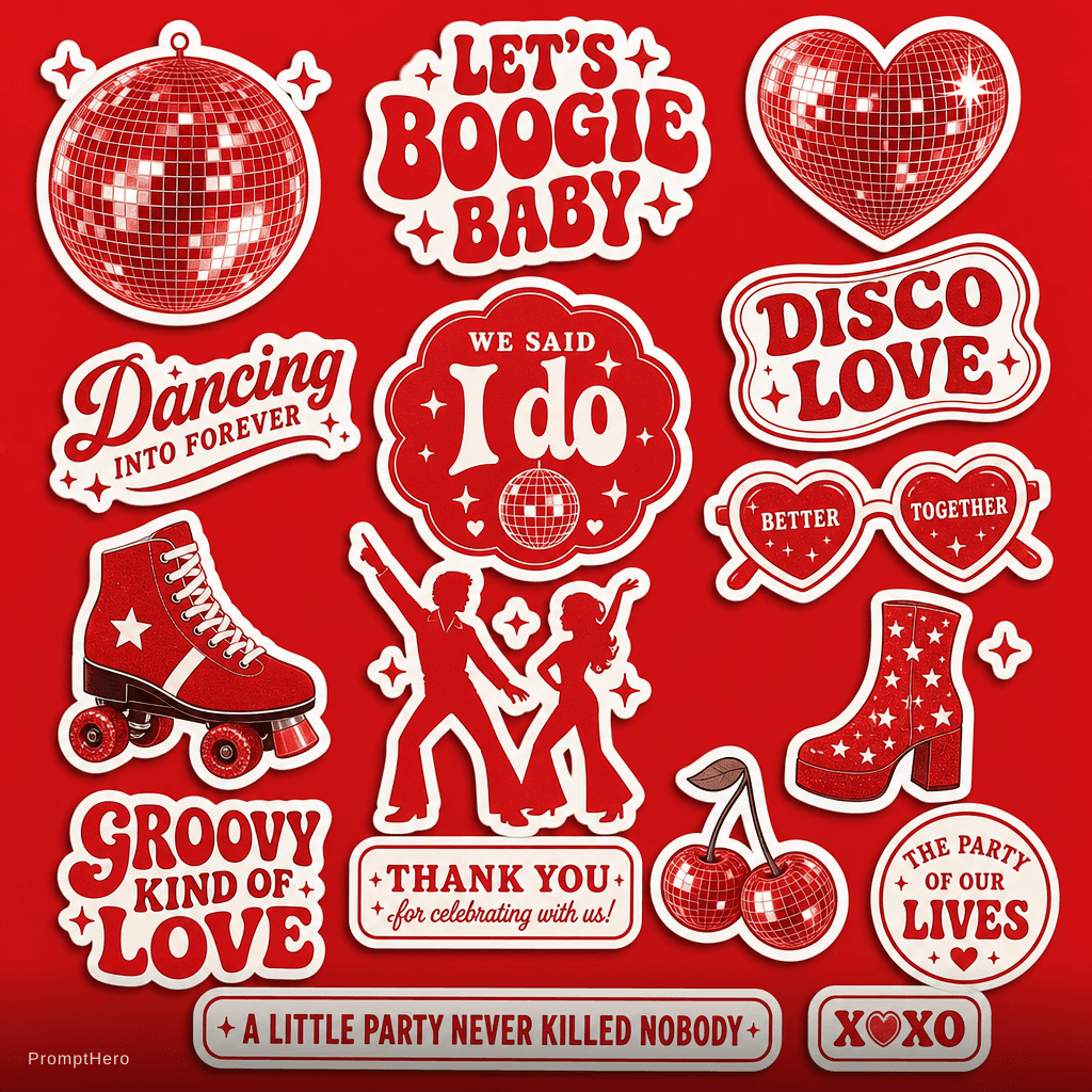 AI generated: Funky disco sicker pack for a funky chic wedding in #E51F24. 
