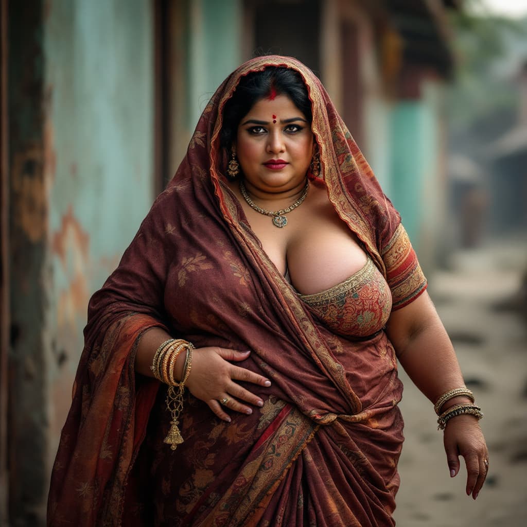 AI generated: Pakistani villager fat mature woman, huge chest, deep c.leavage, walking 
