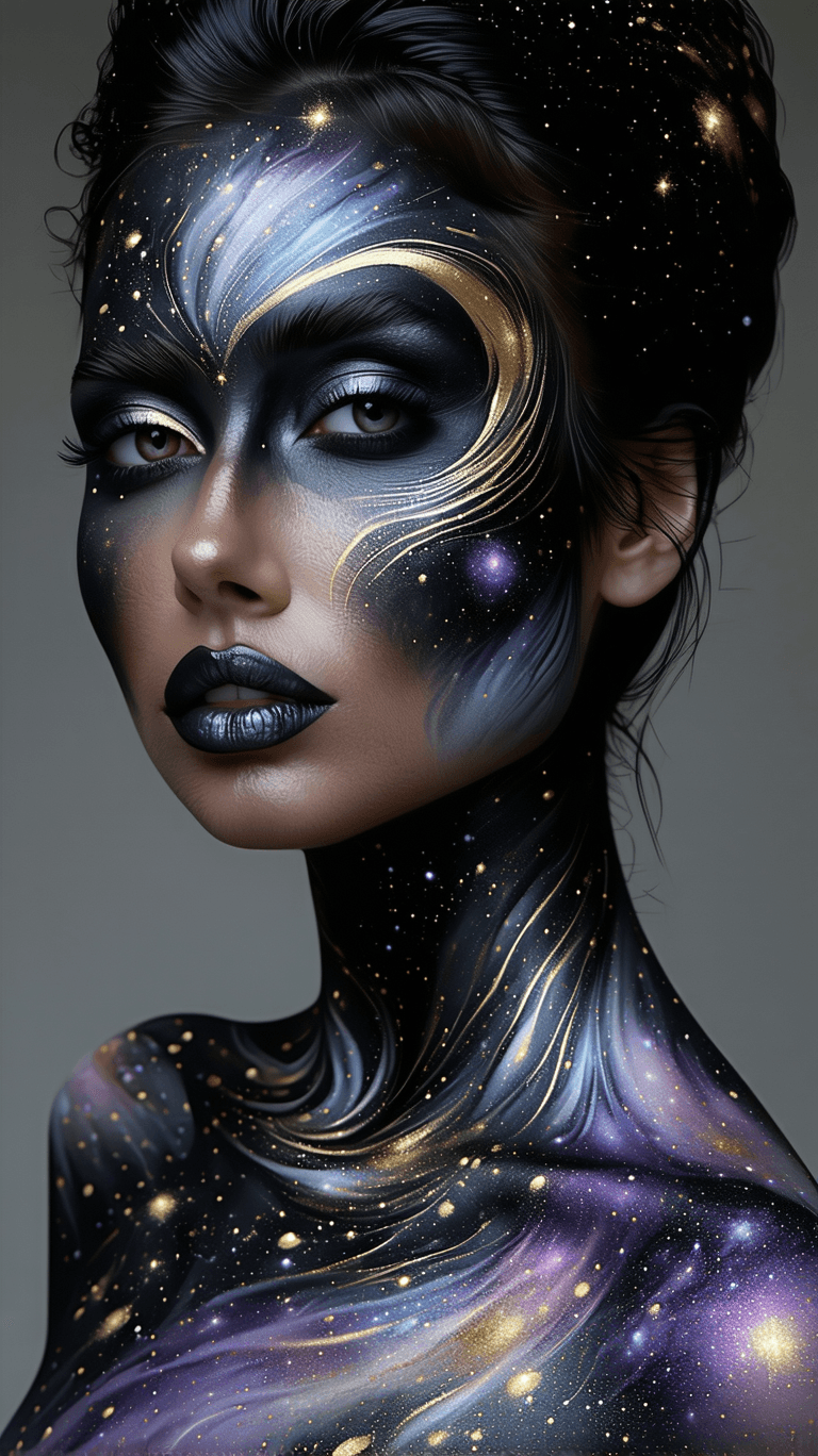 AI generated: A hyperrealistic image of a woman showcasing an elaborate body paint design inspired by the cosmos a...