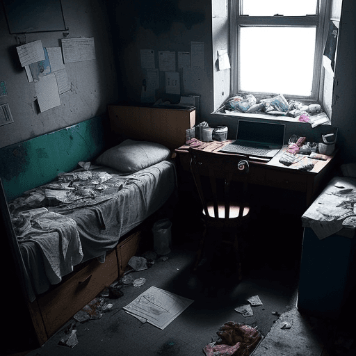 AI generated: A dark room that looks like a cell filled with rubbish, a bed for sleeping, and a flimsy wooden desk...