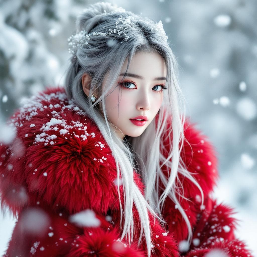 AI generated: a very young beautiful 18 year old Korean mixed race princess who enters the snow posing, her platin...
