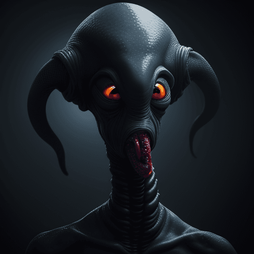 AI generated:  high quality foto of a blind black alien monster, without mouth, long tentacle, big warts, blind, 8...